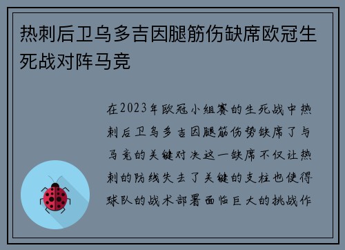 热刺后卫乌多吉因腿筋伤缺席欧冠生死战对阵马竞